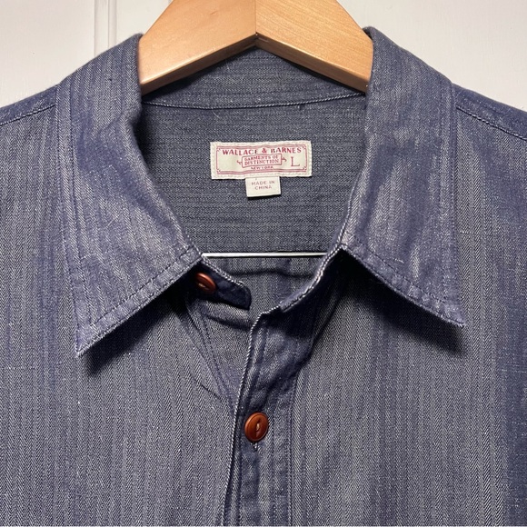 Wallin & Bros Linen Cotton Shirt Dark Blue Chambray Button Workwear Casual Large - Picture 2 of 4